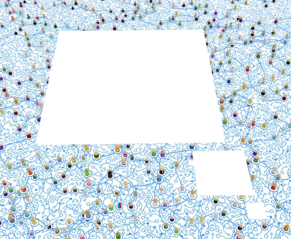 Толпа Маленьких Символических Фигур Системы Связанных Синими Линиями Пустые Белые — стоковое фото