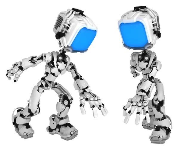 Figura Robot Pantalla Pose Que Alcanza Hacia Abajo Frente Lado —  Fotos de Stock