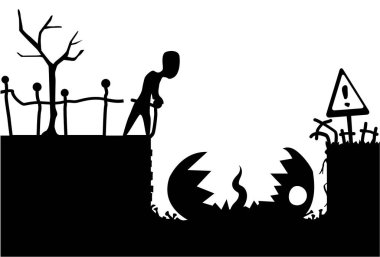 Tuzak Cadılar Bayramı canavar sahne silueti siyah çizgi film, vektör illüstrasyon, yatay, beyaz üzerinde