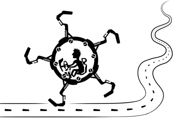 Walking Robotic Legs Wheel Vehicle Driving Road Cartoon Line Drawing — Stock Vector