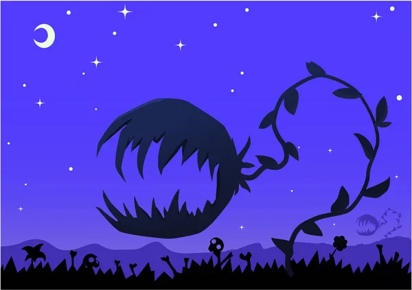 Malvada Planta Depredadora Halloween Monstruo Escena Noche Dibujos Animados Vector — Vector de stock