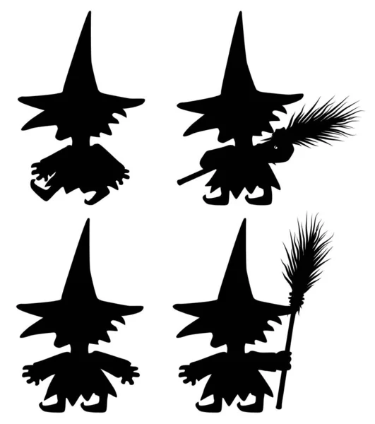 Ведьма Короткая Высота Метлой Фигуры Силуэт Трафарета Черные Символы Представляют — стоковый вектор