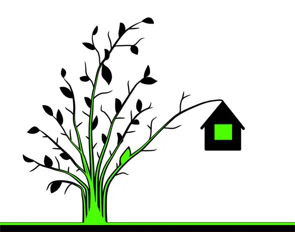 Casa Ramo Frutta Ecologico Verde Scena Silhouette Cartone Animato Nero — Vettoriale Stock