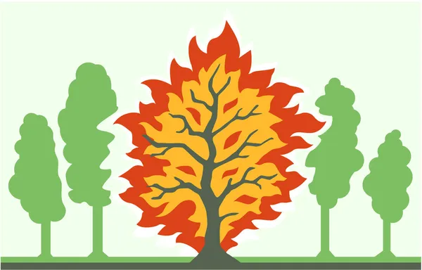 Einzelner Brennender Baum Zwischen Anderen Cartoon Farbvektorillustration Horizontal — Stockvektor