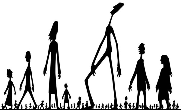 People tall above scene silhouette cartoon black, vector illustration, horizontal, over white