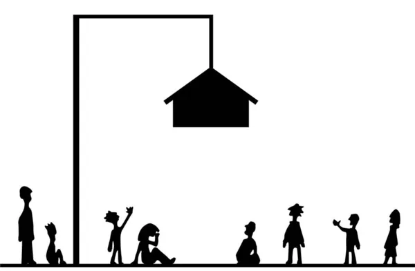 Unerreichbare Häuserszene Silhouette Cartoon Schwarz Vektorillustration Horizontal Über Weiß — Stockvektor