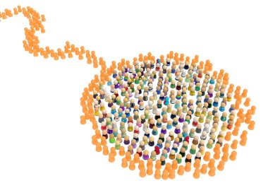 Küçük sembolik figürler kalabalığı, renk grubu turuncu halka, 3 boyutlu illüstrasyon, yatay arkaplan, beyaz, izole edilmiş