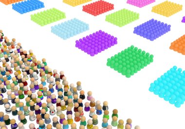 Küçük sembolik figürler kalabalığı, renk grubu oluşumları, 3d illüstrasyon, yatay arkaplan, beyaz, izole edilmiş