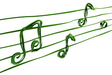 Bitki üzümleri yeşillenir kıvrımlı müzik notaları şekillenir, 3D illüstrasyon, yatay, izole, beyaz üzerine