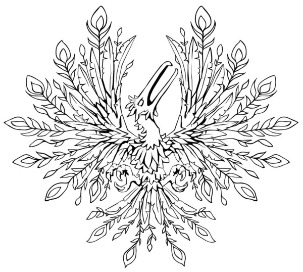 Fantasy Bird Plumage Stencil Line Drawing Black Vector Illustration Horizontal — Stock Vector