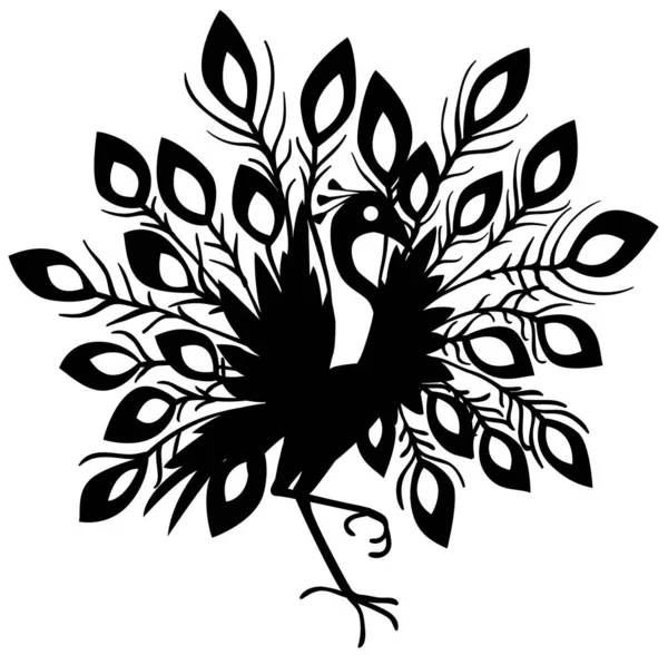 Plumas Pavo Real Extendidas Pie Pose Stencil Negro Ilustración Vectorial — Vector de stock