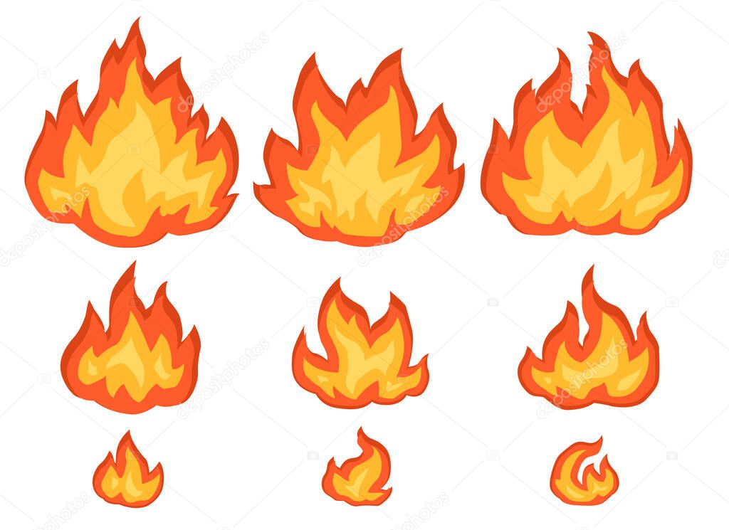 Flame fragments cartoon design element set, isolated color vector, horizontal