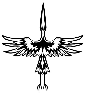 Turna kuşu üst görünümü uçan dekoratif şablon siyahı, vektör çizimi, yatay, izole