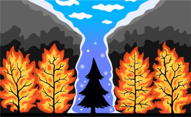 Orman yangını tek bir kış ağacı zarar görmemiş, çizgi film renk vektörü çizimi, yatay