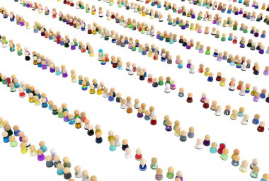 Küçük sembolik figürlerin kalabalığı, çizgi sıraları bölünmüş, 3d illüstrasyon, yatay arkaplan, beyaz, izole edilmiş