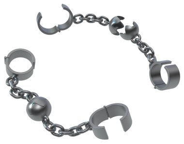 Prangalar zincirli top şekli kıskaç gri metal 3D illüstrasyon, izole, yatay, beyaz üzerine