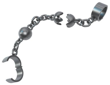 Kelepçeler zincir top şekli kelepçe çift gri metal 3D illüstrasyon, izole, yatay, beyaz üzerine
