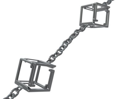 Zincir iki küp halka, koyu gri metal 3D illüstrasyon, izole, yatay, beyaz üzerine