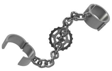 Prangalar zincir dişli gri metal 3D illüstrasyon, izole, yatay, beyaz üzerine