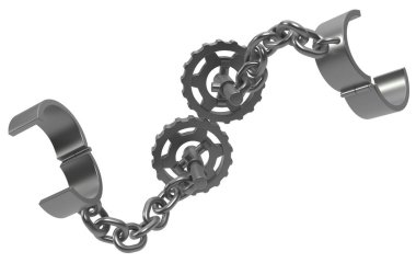 Prangalar zincir dişliler gri metal 3D illüstrasyon, izole, yatay, beyaz üzerine