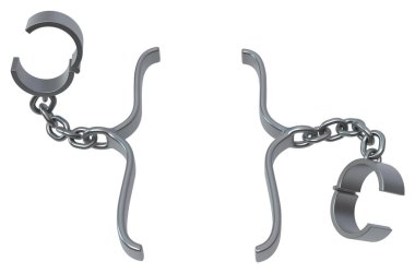 Pranga zinciri kıvrımlı parantez gri metal 3d görüntü, izole, yatay, beyaz üzerine