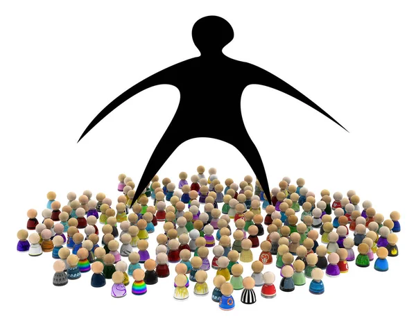 Multidão Pequenas Figuras Simbólicas Sombra Gigante Acima Ilustração Fundo Horizontal — Fotografia de Stock