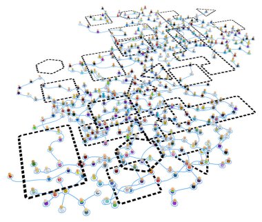Crowd of small symbolic 3d figures linked by lines, complex layered system marked zones many, over white, horizontal, isolated