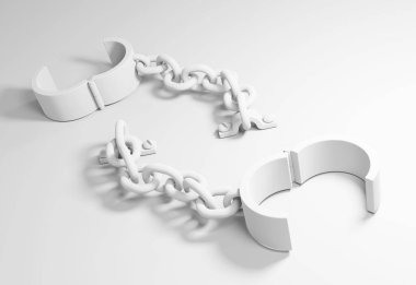 Shackles chain two bolted white surface 3d illustration, horizontal
