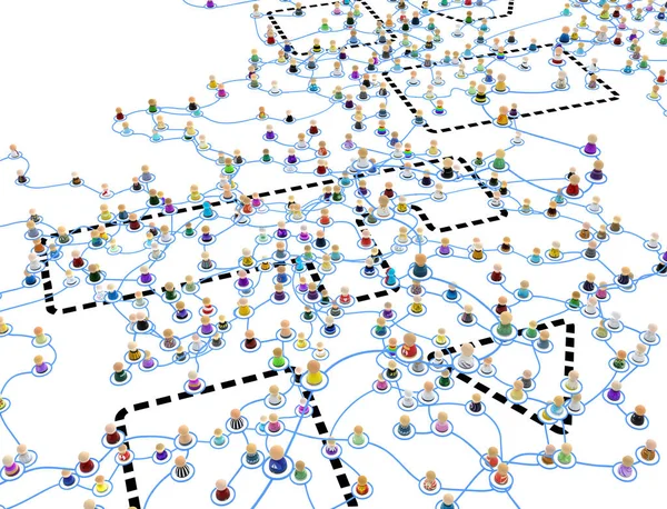Multitud Pequeñas Figuras Simbólicas Vinculadas Por Líneas Complejas Zonas Sistema —  Fotos de Stock