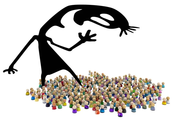Crowd Small Symbolic Figures Giant Shadow Welcoming Greeting Waving Illustration — 图库照片