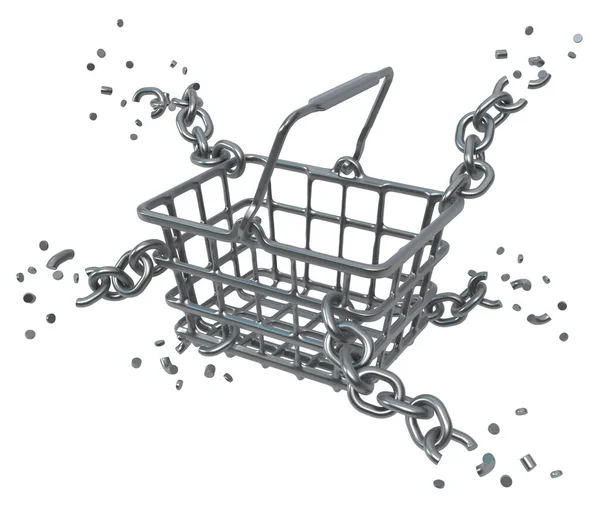 Shopping Basket Metal Chains Many Attached Breaking Illustration Horizontal Isolated — Stockfoto