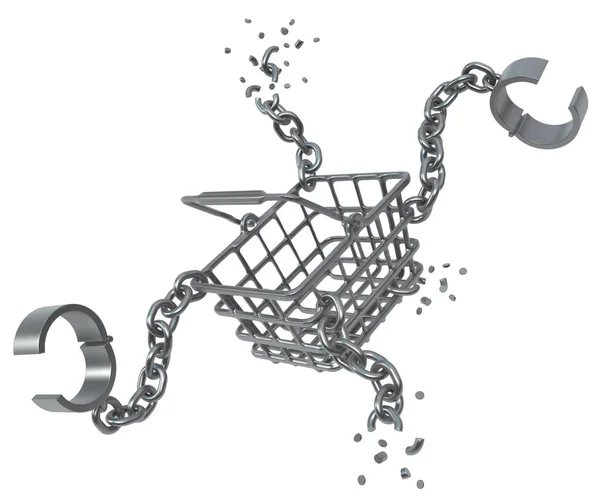 Shopping Basket Metal Shackles Chains Attached Breaking Illustration Horizontal Isolated — 스톡 사진