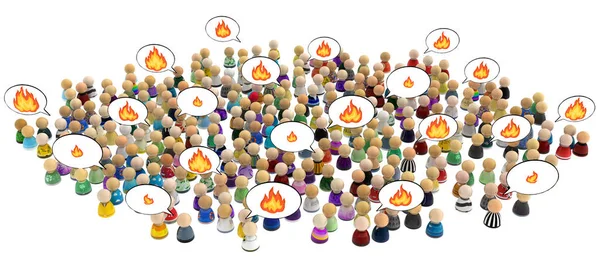 Crowd Small Symbolic Figures Fiery Speech Bubbles Many Illustration Horizontal — Photo