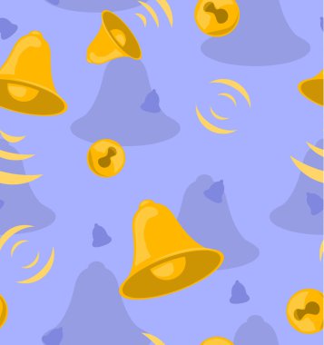 Bells ringing gold on blue, seamless repeating texture pattern illustration, square background