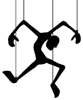 Strings puppet figure silhouette stencil black, illustration horizontal, over white, isolated