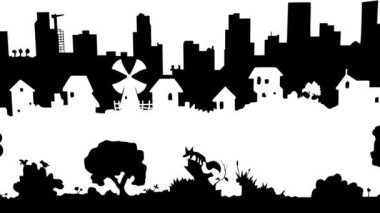 Skylines urban and nature black and white moving horizontal abstract 2d animation