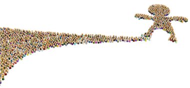Crowd of small symbolic figures forming big person shape precarious ledge balancing, 3d illustration, horizontal, isolated, over white