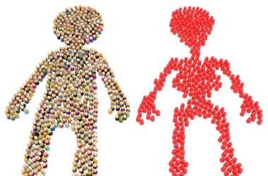 Crowd of small symbolic figures forming big person shape red skeleton, 3d illustration, horizontal, isolated, over white