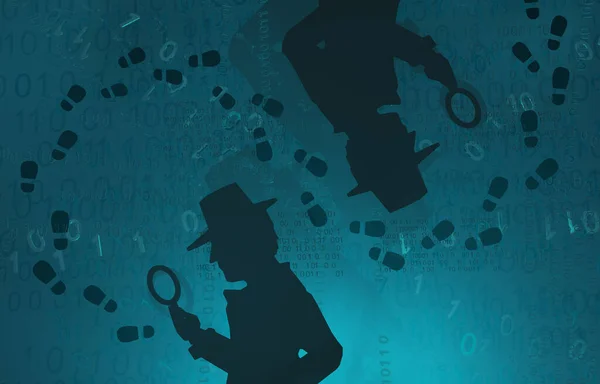 Cyberspace Detective Shadow Figure Footprints Curve Blue Color Virtual Reality — Stockfoto