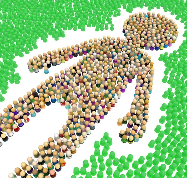 Crowd Small Symbolic Figures Forming Big Person Shape Green Surround — Stock Photo, Image