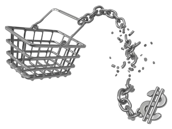 Shopping Basket Metal Chains Attached Breaking Dollar Sign Illustration Horizontal — 스톡 사진