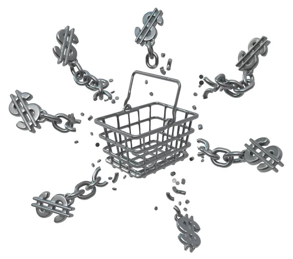 Shopping Basket Metal Chains Many Attached Breaking Dollar Sign Illustration — Zdjęcie stockowe