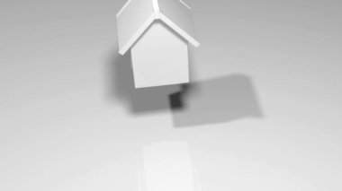 House small white dropping from above on surface spinning to halt, 3d animation