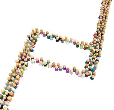 Crowd of small symbolic figures forming queue box shape, 3d illustration, horizontal, isolated, over white