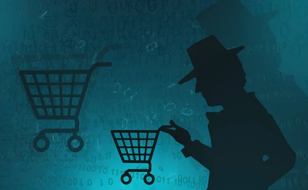 Cyberspace detective shadow figure shopping basket, blue color, virtual reality abstract 3d illustration, horizontal