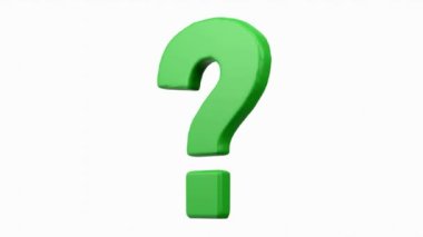 Question mark symbol green rotating spinning slowly, over white, 3d animation