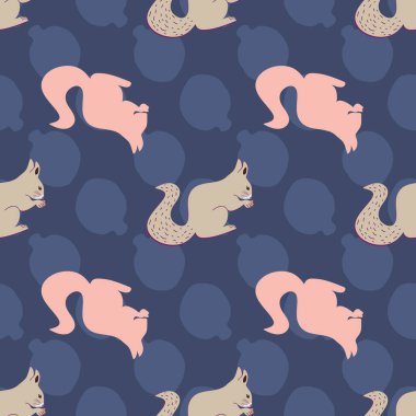 Mavi meşe palamudu arka plan dizaynı üzerinde sincap sonbahar vektörü tekrarlama deseni