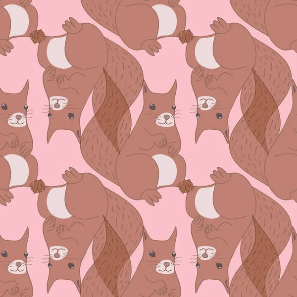 Cute Squirrel Vector Repeat Pattern Illustration Pink Background — Stock Vector