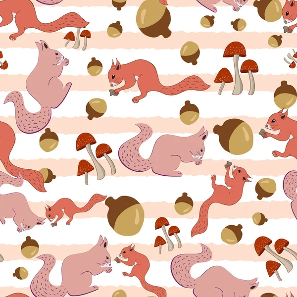 Herbst Eichhörnchen Vektor Wiederholt Muster Design Auf Streifen Hintergrund — Stockvektor