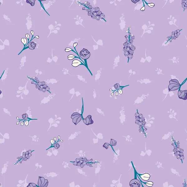 Delphinium Blüten Nahtloses Vektormuster Auf Pastellviolettem Hintergrund — Stockvektor